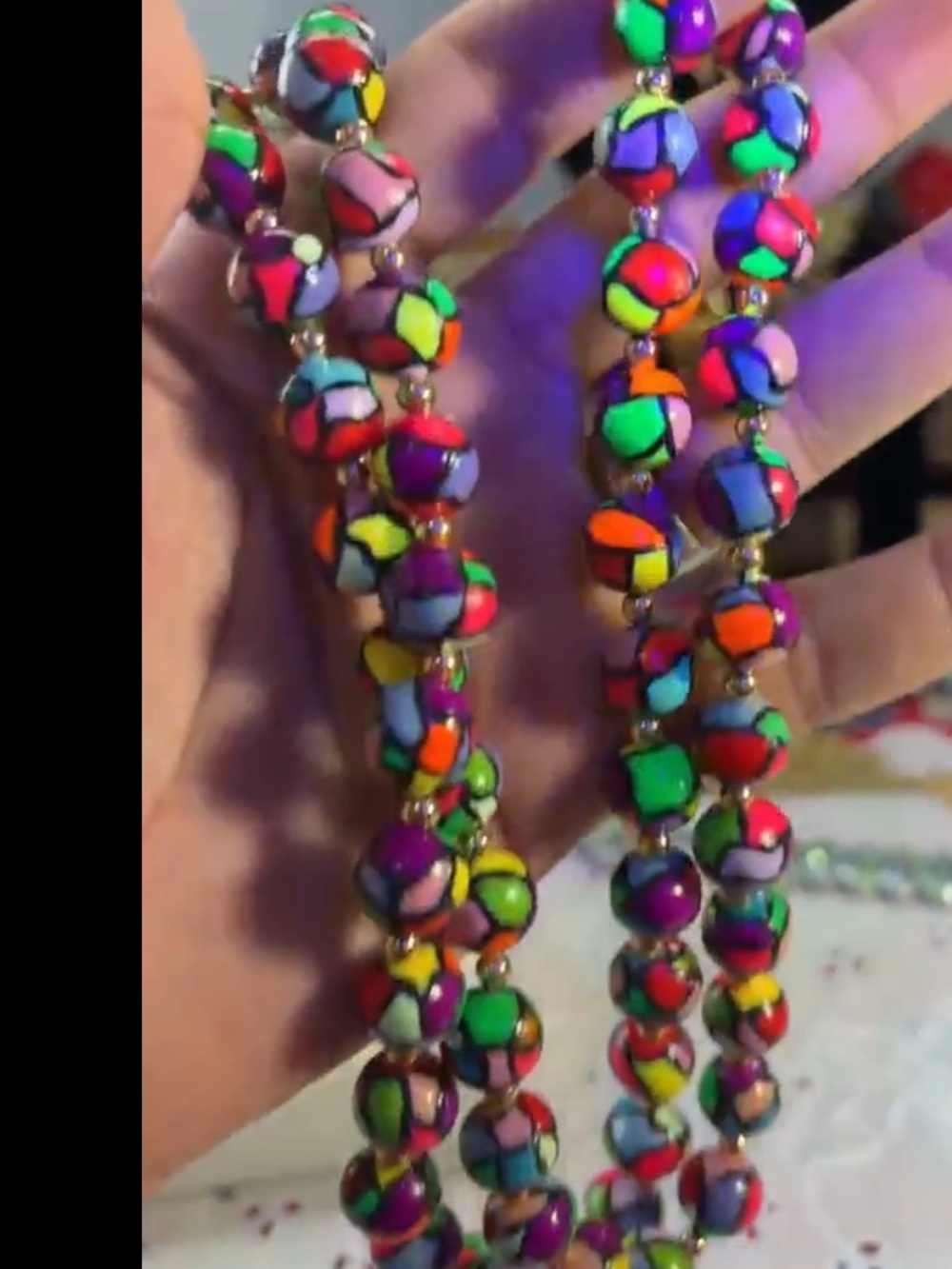 Vintage stained glass Beaded glow party 80s Necklace Gold Accent Beads long 30”